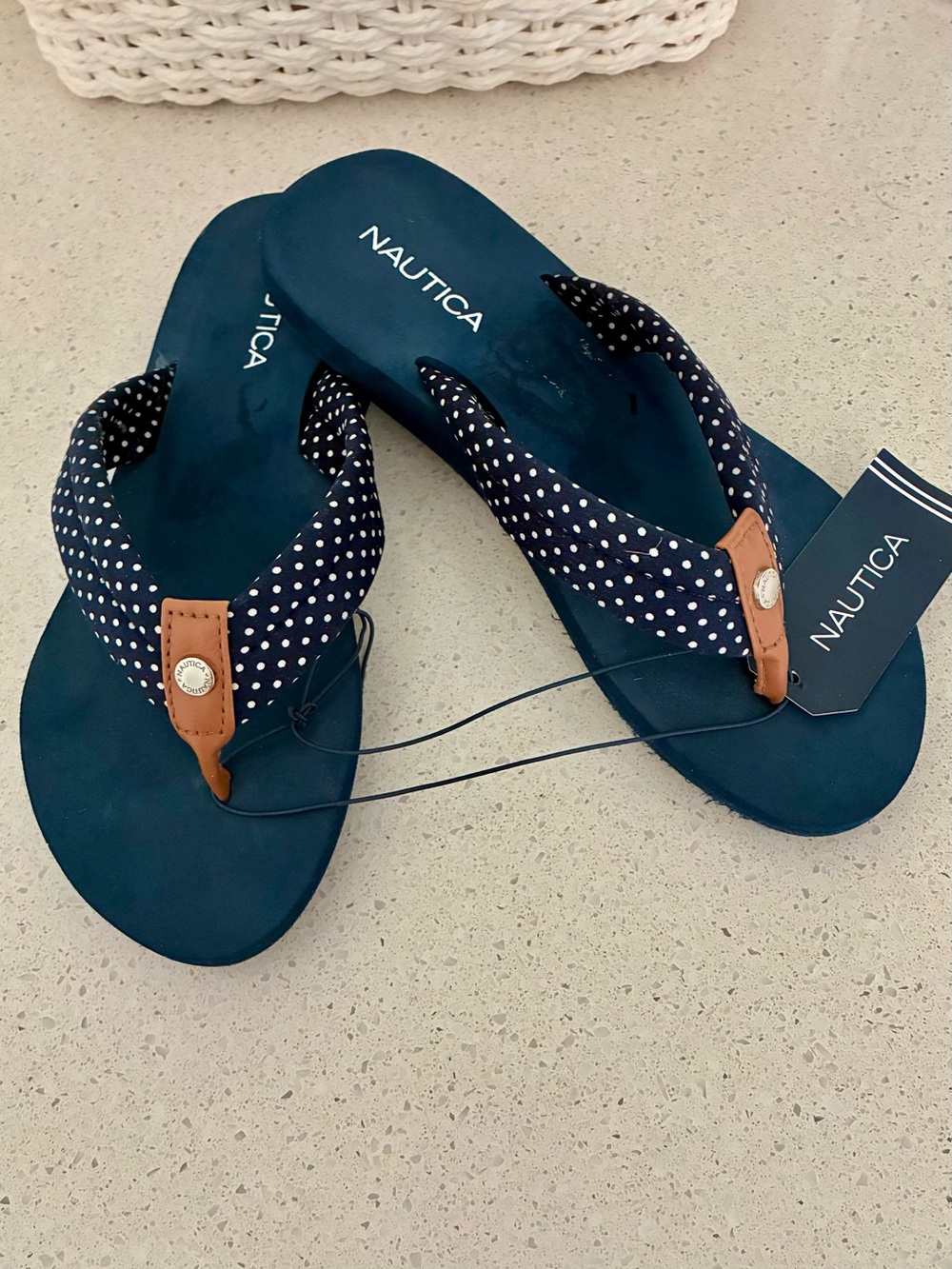 NWT NAUTICA Navy and White Polka Dot Thong Sandals with Tan Accents. 6